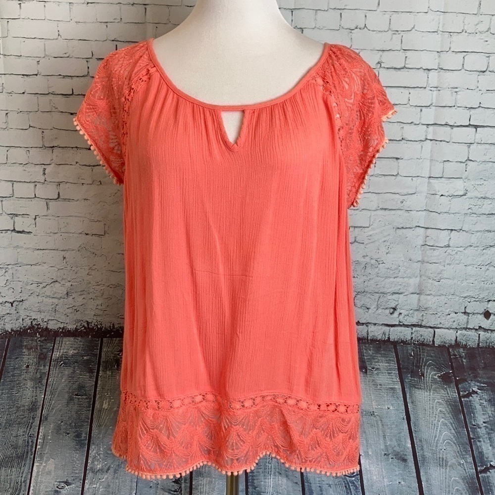 Suzanne Betro Short Sleeve Sheer Lace Trim Keyhole Neckline Coral Blouse XL